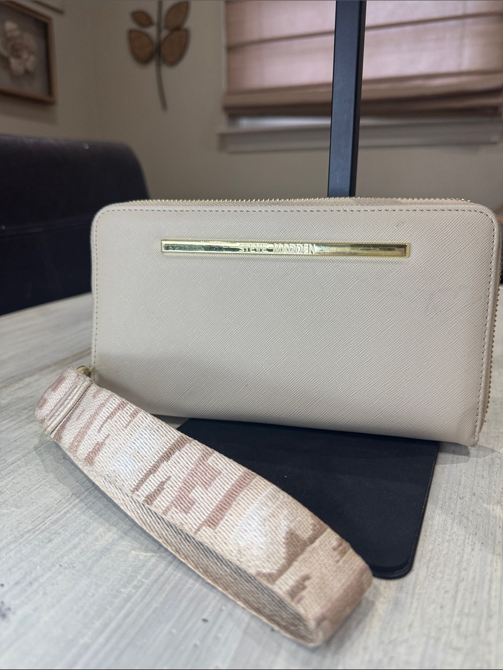 Steve Madden Beige Zip-Around Wristlet with Patterned Strap